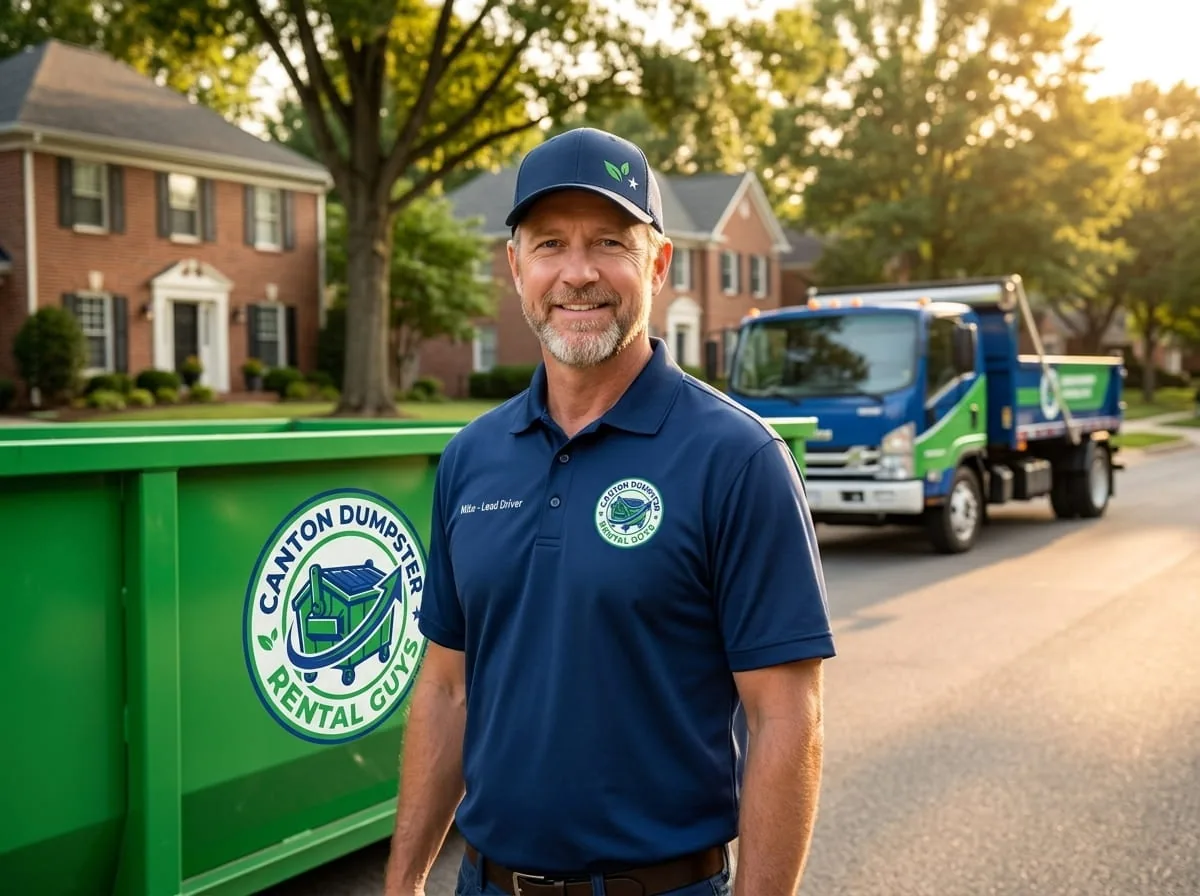 Roll-off dumpster with boards protecting an Canton driveway