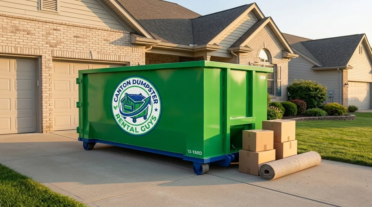 Roofing tear-off debris in a roll-off dumpster